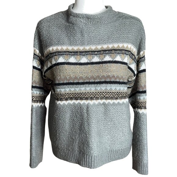 St Johns Bay Sweater Gray Fisherman Poly/Cotton Knit Cozy Preppy Unisex Womens M - Picture 1 of 6